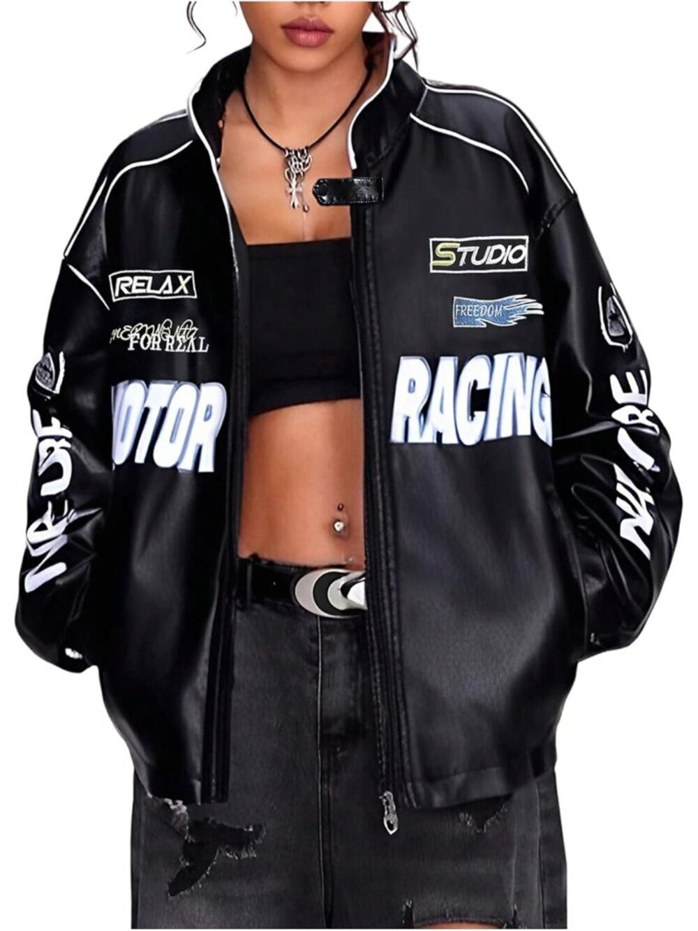 Women's Faux Leather Motorcycle Jacket Y2k Racing Graphic Bomber Jackets Coat St